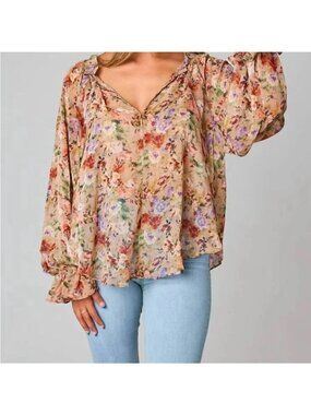Buddy Love Sheer Floral Long Sleeve Blouse Medium Pink/Green/Beige (OO540)
